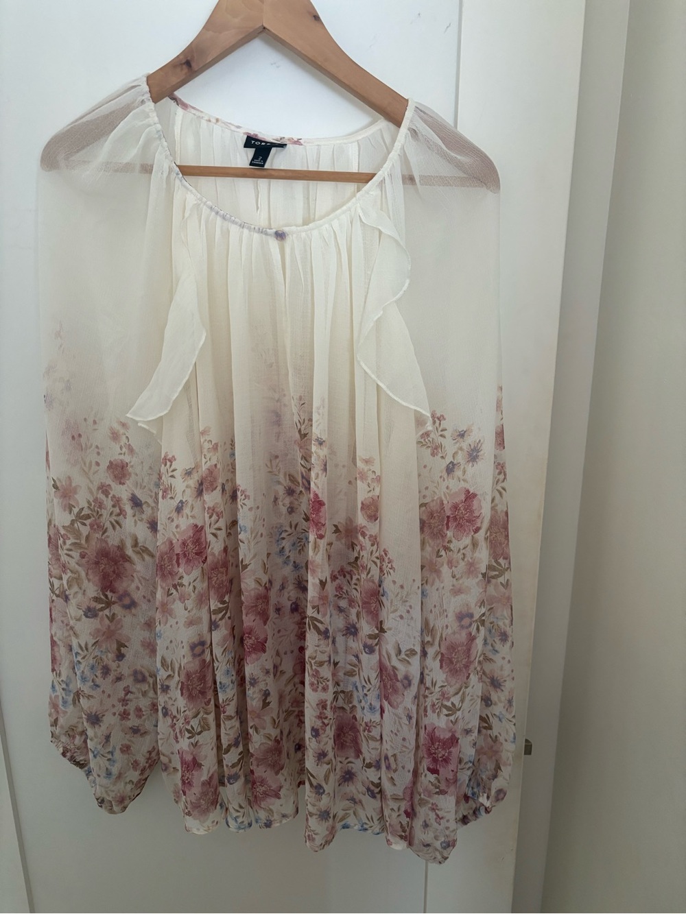 Torrid Floral Chiffon Peasant Blouse - Ivory with Pink Bouquet